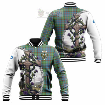 Whitelaw Tartan Baseball Jacket with Family Crest and St. Andrew's Cross Accented by Thistle Vines Unisex - Tartan Vibes Clothing