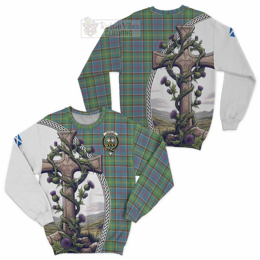 Whitelaw Tartan Sweatshirt with Family Crest and St. Andrew's Cross Accented by Thistle Vines Unisex - Tartan Vibes Clothing