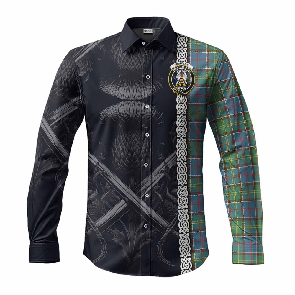 Tartan Vibes Clothing Whitelaw Tartan Long Sleeve Button Shirt with Family Crest Cross Sword Thistle Celtic Vibes