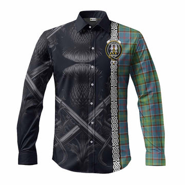 Tartan Vibes Clothing Whitelaw Tartan Long Sleeve Button Shirt with Family Crest Cross Sword Thistle Celtic Vibes