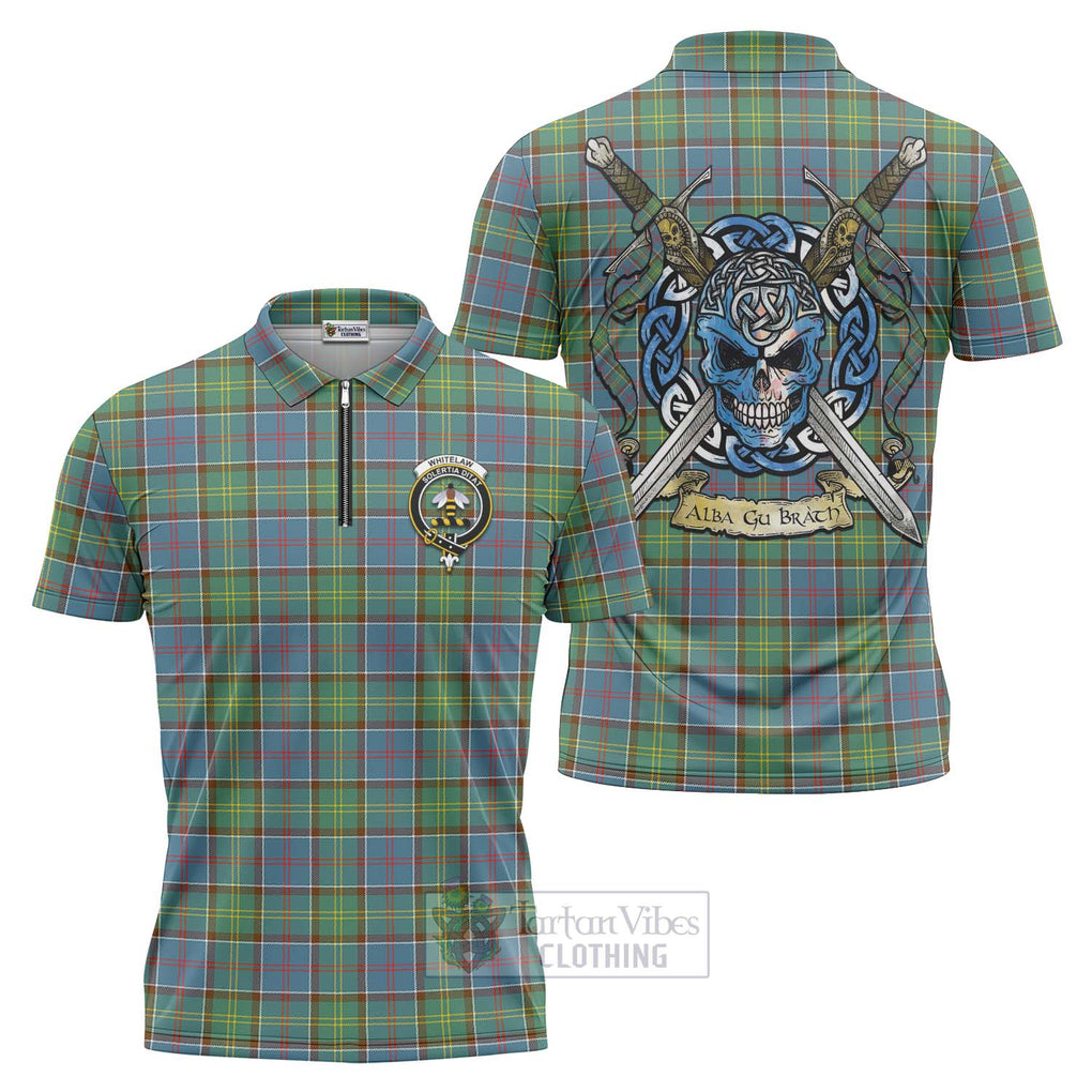 Whitelaw Tartan Zipper Polo Shirt with Family Crest Celtic Skull Style Unisex - Tartan Vibes Clothing
