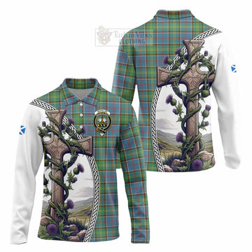Whitelaw Tartan Long Sleeve Polo Shirt with Family Crest and St. Andrew's Cross Accented by Thistle Vines Unisex - Tartan Vibes Clothing