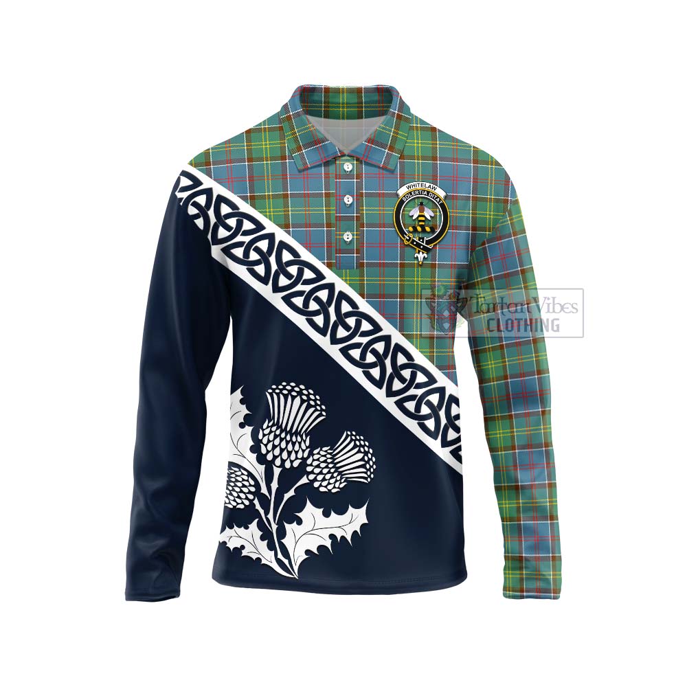 Whitelaw Tartan Long Sleeve Polo Shirt Featuring Thistle and Scotland Map Unisex - Tartan Vibes Clothing