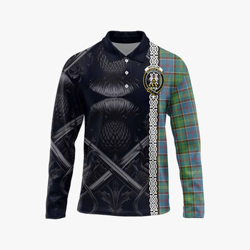 Whitelaw Tartan Long Sleeve Polo Shirt with Family Crest Cross Sword Thistle Celtic Vibes Unisex - Tartan Vibes Clothing