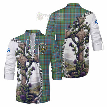 Whitelaw Tartan Ghillie Kilt Shirt with Family Crest and St. Andrew's Cross Accented by Thistle Vines Men - Tartan Vibes Clothing