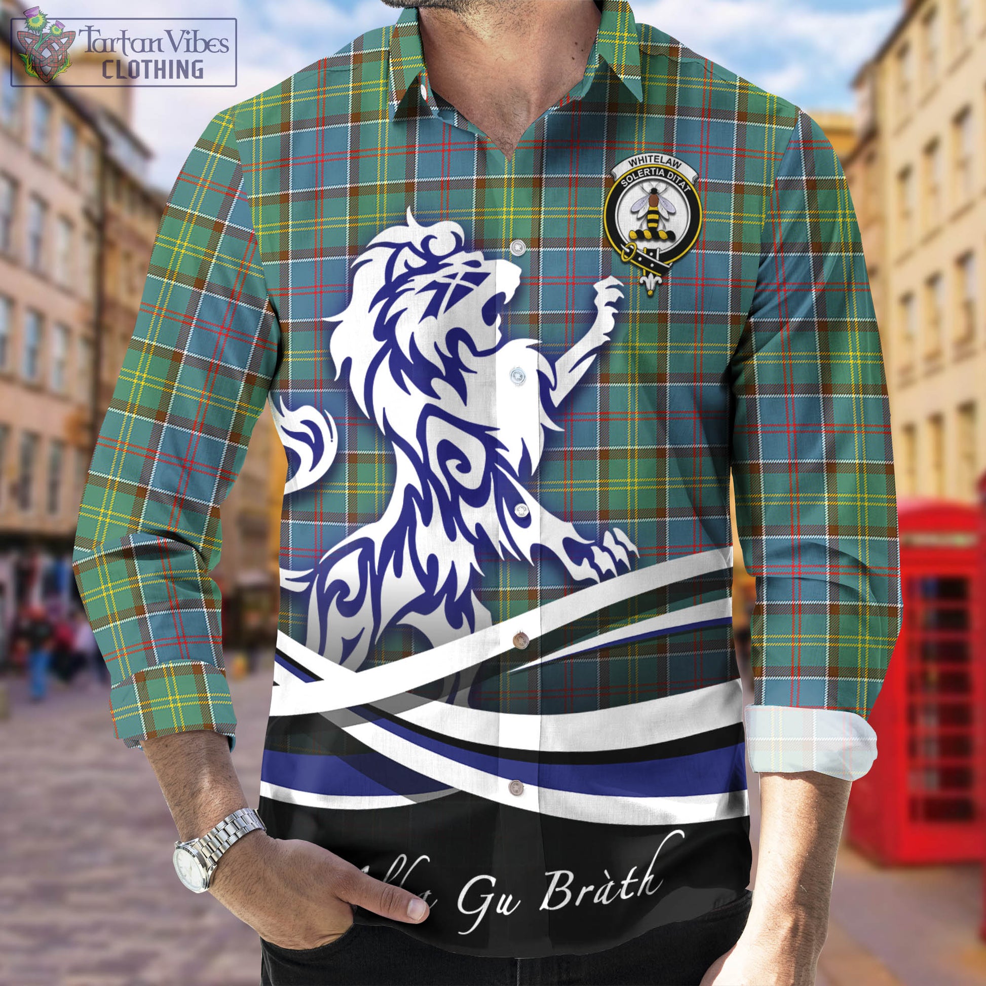 Whitelaw Tartan Long Sleeve Button Up Shirt with Alba Gu Brath Regal Lion Emblem Men's Shirt - Tartan Vibes Clothing