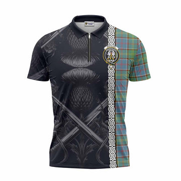 Whitelaw Tartan Zipper Polo Shirt with Family Crest Cross Sword Thistle Celtic Vibes Unisex - Tartan Vibes Clothing