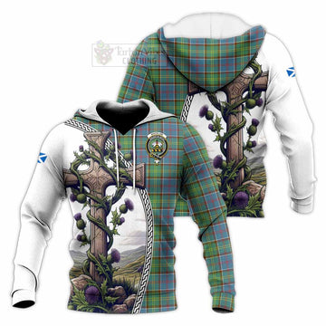 Whitelaw Tartan Knitted Hoodie with Family Crest and St. Andrew's Cross Accented by Thistle Vines Unisex Knitted Pullover Hoodie - Tartan Vibes Clothing