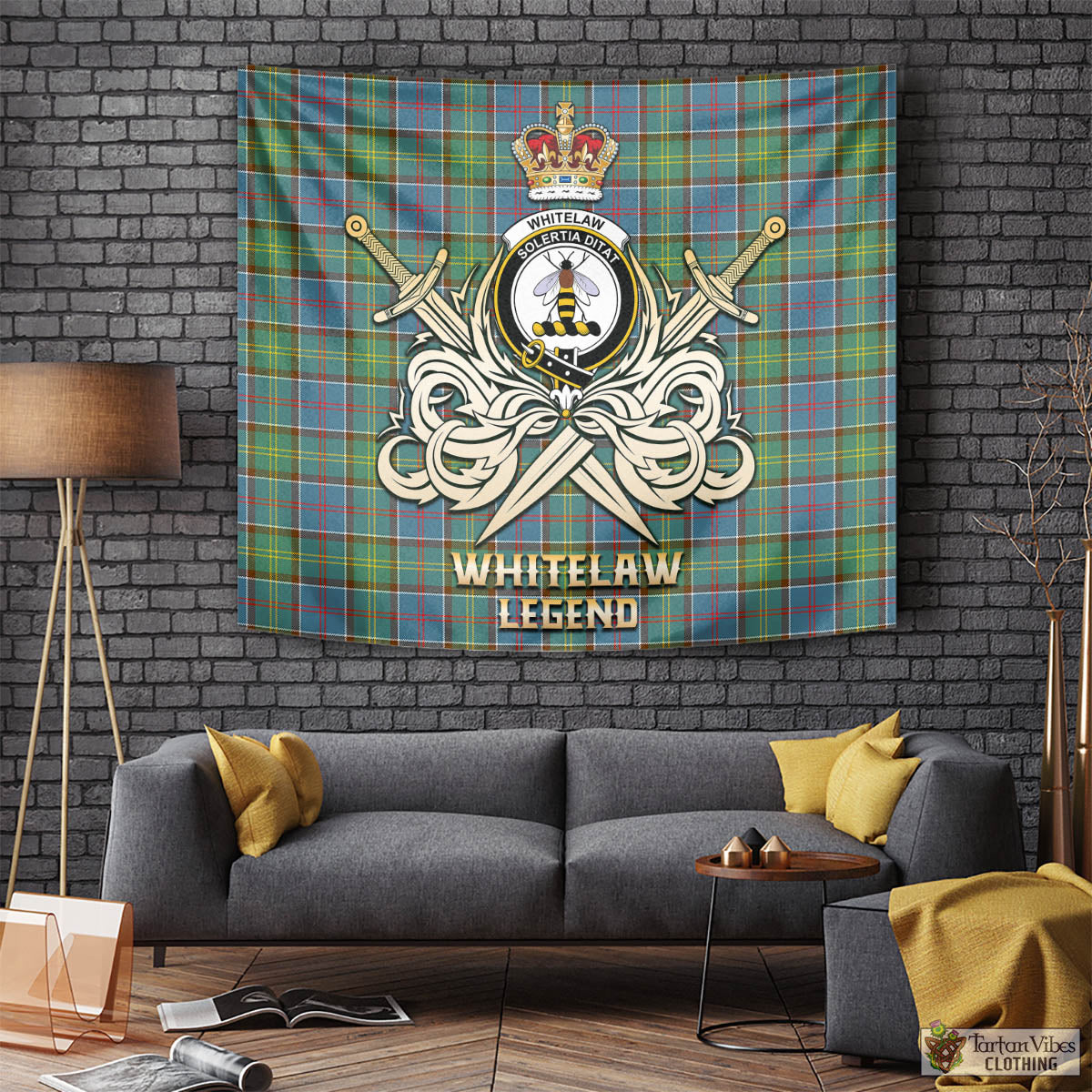 Tartan Vibes Clothing Whitelaw Tartan Tapestry with Clan Crest and the Golden Sword of Courageous Legacy