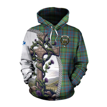 Tartan Vibes Clothing Whitelaw Tartan Cotton Hoodie with Family Crest and St. Andrew's Cross Accented by Thistle Vines