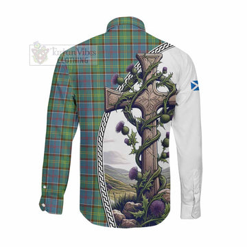 Whitelaw Tartan Long Sleeve Button Shirt with Family Crest and St. Andrew's Cross Accented by Thistle Vines Men's Shirt - Tartan Vibes Clothing