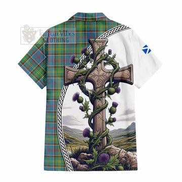 Whitelaw Tartan Hawaiian Shirt with Family Crest and St. Andrew's Cross Accented by Thistle Vines - Tartan Vibes Clothing