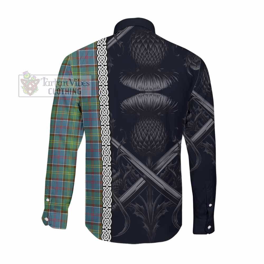 Tartan Vibes Clothing Whitelaw Tartan Long Sleeve Button Shirt with Family Crest Cross Sword Thistle Celtic Vibes