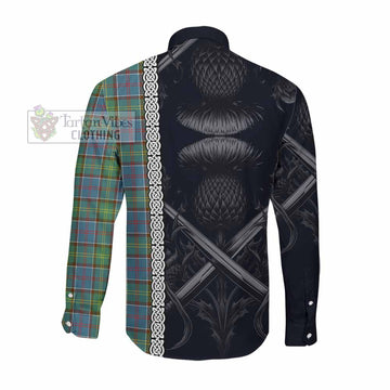 Tartan Vibes Clothing Whitelaw Tartan Long Sleeve Button Shirt with Family Crest Cross Sword Thistle Celtic Vibes