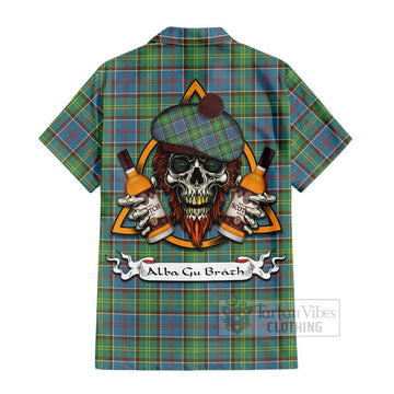 Whitelaw Tartan Hawaiian Shirt with Family Crest and Bearded Skull Holding Bottles of Whiskey - Tartan Vibes Clothing