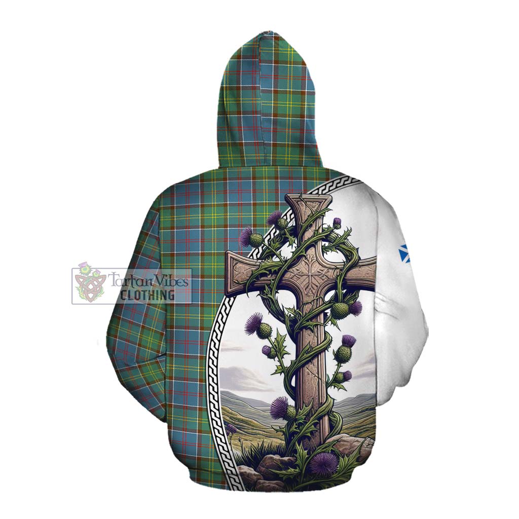 Tartan Vibes Clothing Whitelaw Tartan Cotton Hoodie with Family Crest and St. Andrew's Cross Accented by Thistle Vines