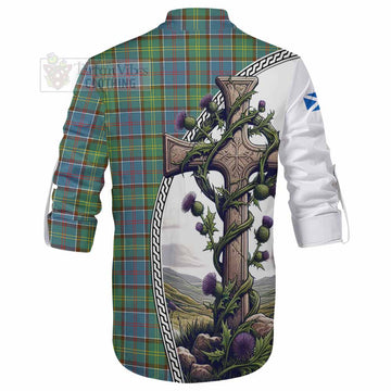 Whitelaw Tartan Ghillie Kilt Shirt with Family Crest and St. Andrew's Cross Accented by Thistle Vines - Tartan Vibes Clothing