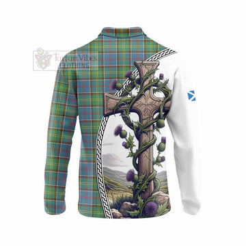 Whitelaw Tartan Long Sleeve Polo Shirt with Family Crest and St. Andrew's Cross Accented by Thistle Vines - Tartan Vibes Clothing