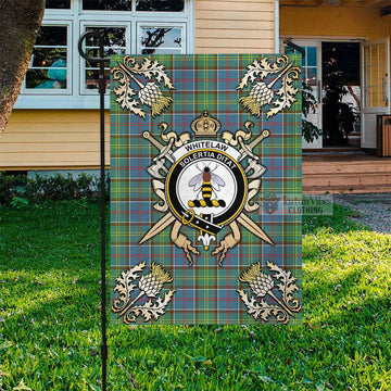 Whitelaw Tartan Garden Flag with Family Crest and Golden Thistle Crossed Sword Design