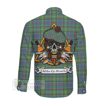 Whitelaw Tartan Long Sleeve Button Shirt with Family Crest and Bearded Skull Holding Bottles of Whiskey Men's Shirt - Tartan Vibes Clothing