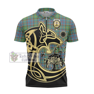 Whitelaw Tartan Zipper Polo Shirt with Family Crest Celtic Wolf Style - Tartan Vibes Clothing
