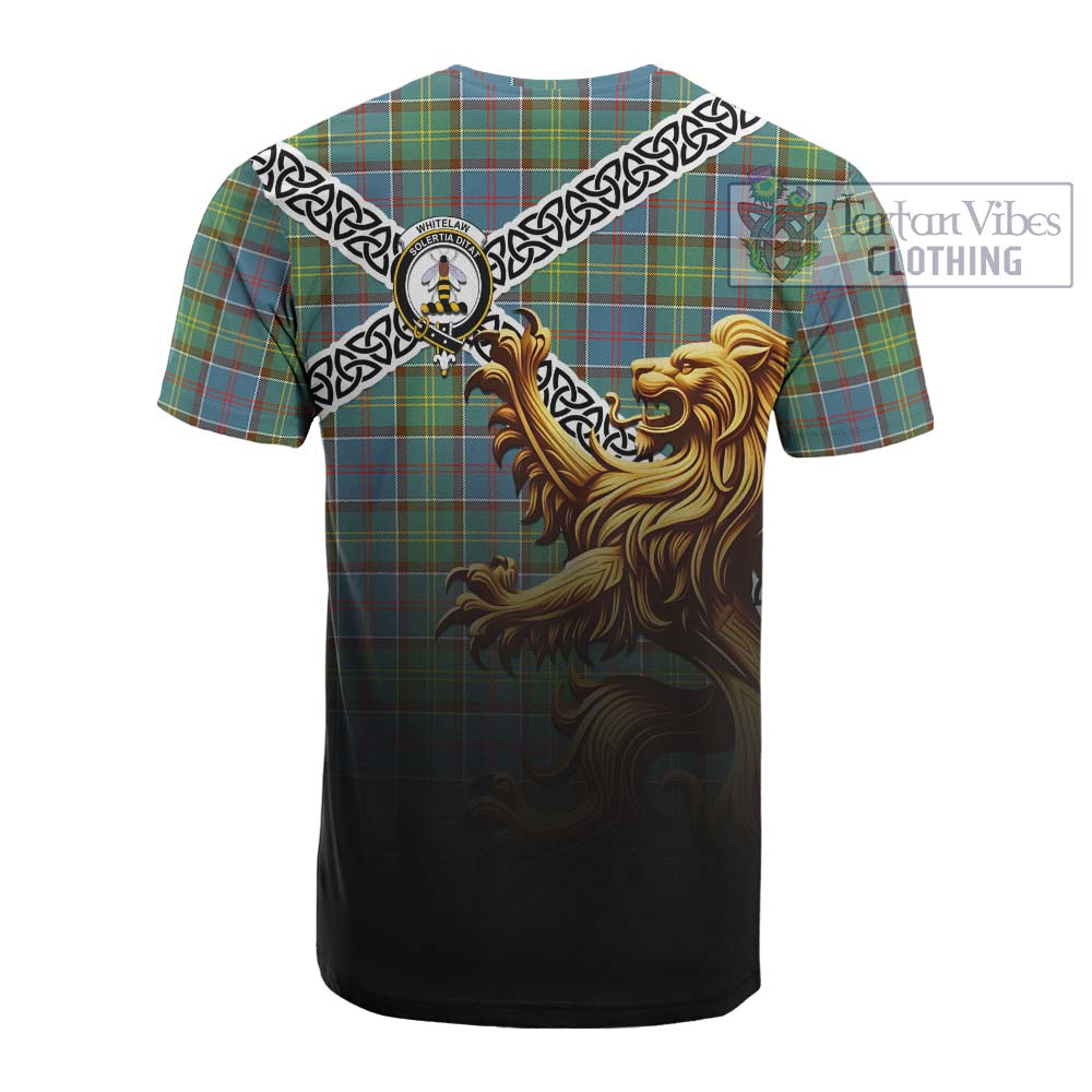 Tartan Vibes Clothing Whitelaw Crest Tartan Cotton T-shirt with Golden Lion Emblem Celtic Style
