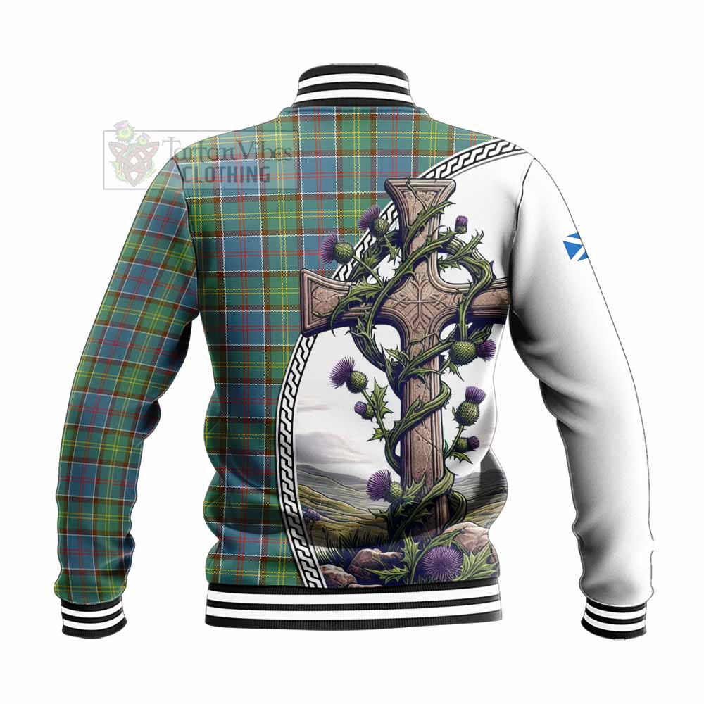Whitelaw Tartan Baseball Jacket with Family Crest and St. Andrew's Cross Accented by Thistle Vines - Tartan Vibes Clothing