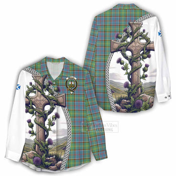 Whitelaw Tartan Women's Casual Shirt with Family Crest and St. Andrew's Cross Accented by Thistle Vines - Tartan Vibes Clothing