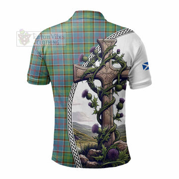 Whitelaw Tartan Polo Shirt with Family Crest and St. Andrew's Cross Accented by Thistle Vines - Tartan Vibes Clothing