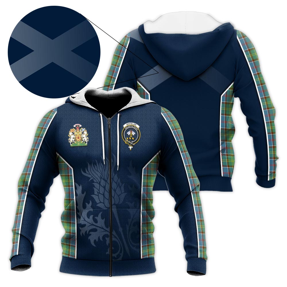Tartan Vibes Clothing Whitelaw Tartan Knitted Hoodie with Family Crest and Scottish Thistle Vibes Sport Style
