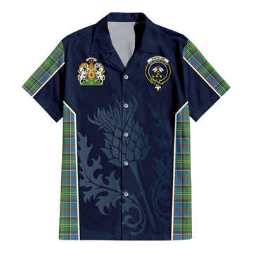 Whitelaw Tartan Short Sleeve Button Up Shirt with Family Crest and Scottish Thistle Vibes Sport Style