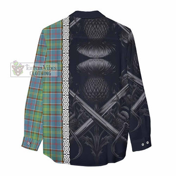 Whitelaw Tartan Women's Casual Shirt with Family Crest Cross Sword Thistle Celtic Vibes - Tartan Vibes Clothing