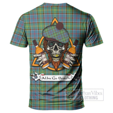 Whitelaw Tartan T-Shirt with Family Crest and Bearded Skull Holding Bottles of Whiskey - Tartan Vibes Clothing