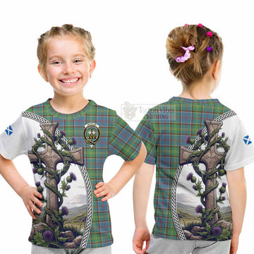 Whitelaw Tartan Kid T-Shirt with Family Crest and St. Andrew's Cross Accented by Thistle Vines - Tartan Vibes Clothing
