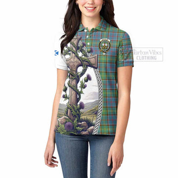 Whitelaw Tartan Women's Polo Shirt with Family Crest and St. Andrew's Cross Accented by Thistle Vines - Tartan Vibes Clothing