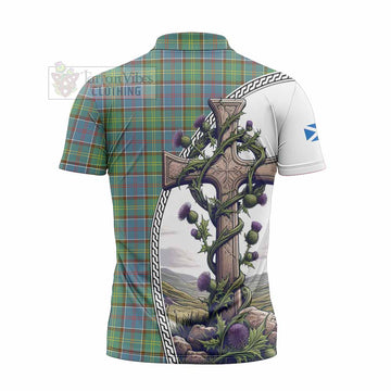 Whitelaw Tartan Zipper Polo Shirt with Family Crest and St. Andrew's Cross Accented by Thistle Vines - Tartan Vibes Clothing