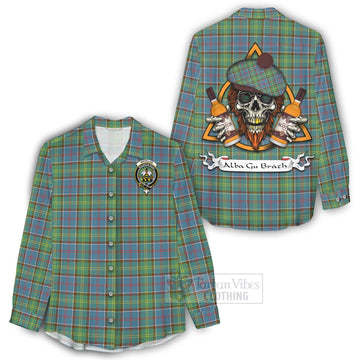 Whitelaw Tartan Women's Casual Shirt with Family Crest and Bearded Skull Holding Bottles of Whiskey - Tartan Vibes Clothing