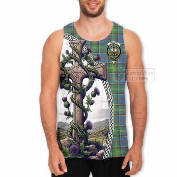 Whitelaw Tartan Men's Tank Top with Family Crest and St. Andrew's Cross Accented by Thistle Vines - Tartan Vibes Clothing