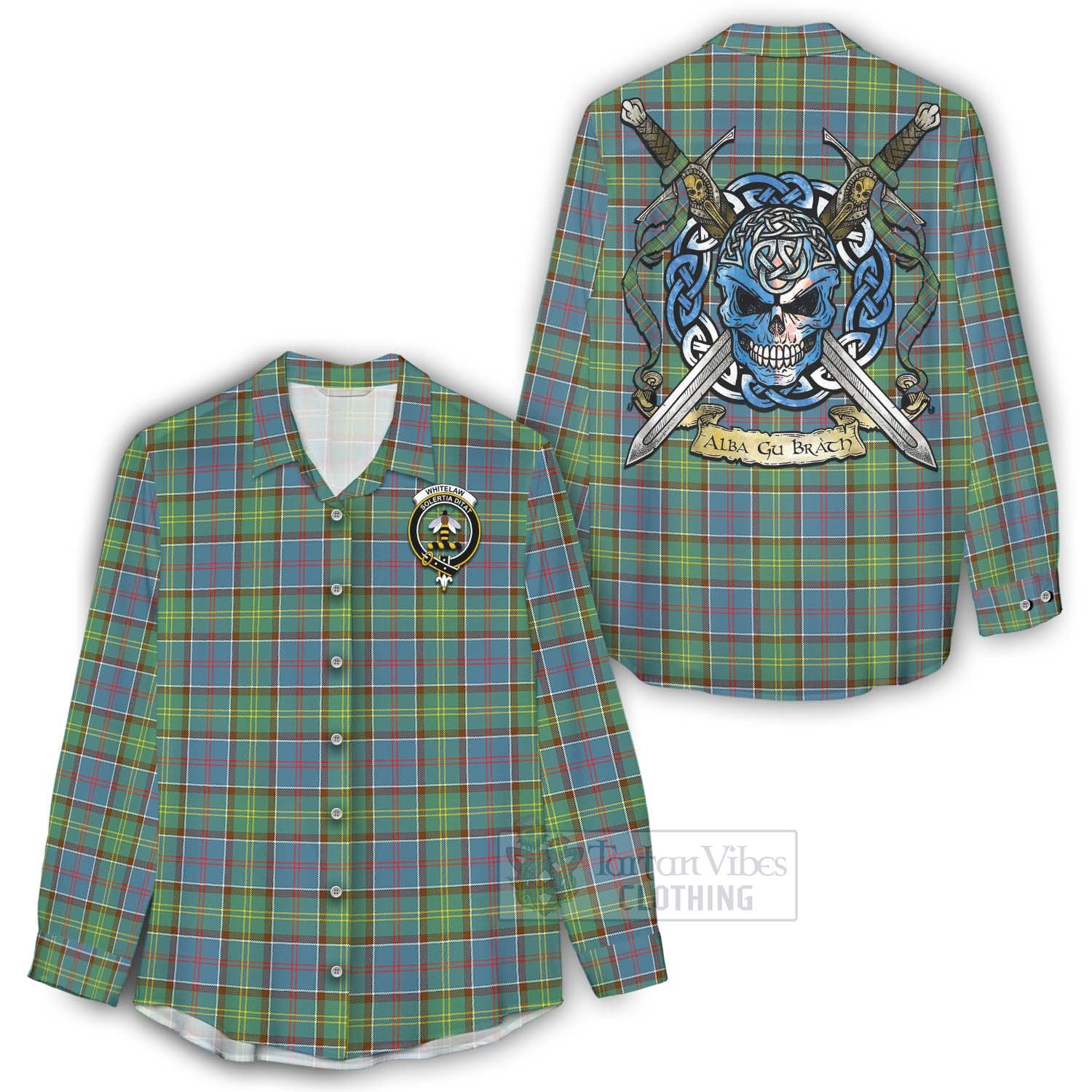 Whitelaw Tartan Women's Casual Shirt with Family Crest Celtic Skull Style - Tartan Vibes Clothing