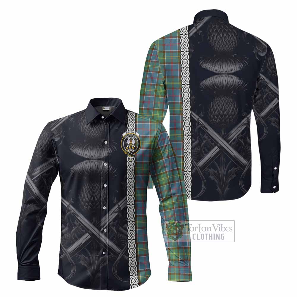 Tartan Vibes Clothing Whitelaw Tartan Long Sleeve Button Shirt with Family Crest Cross Sword Thistle Celtic Vibes