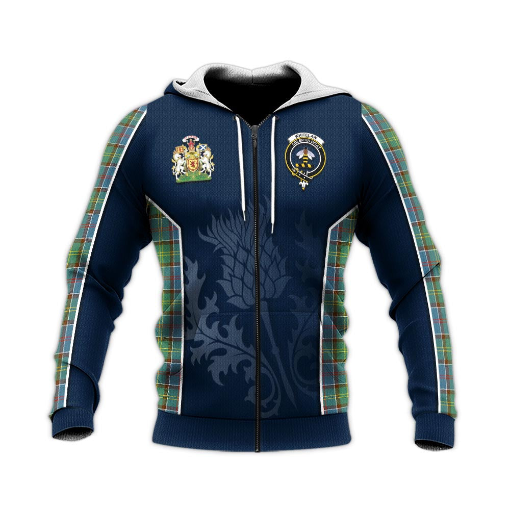 Tartan Vibes Clothing Whitelaw Tartan Knitted Hoodie with Family Crest and Scottish Thistle Vibes Sport Style