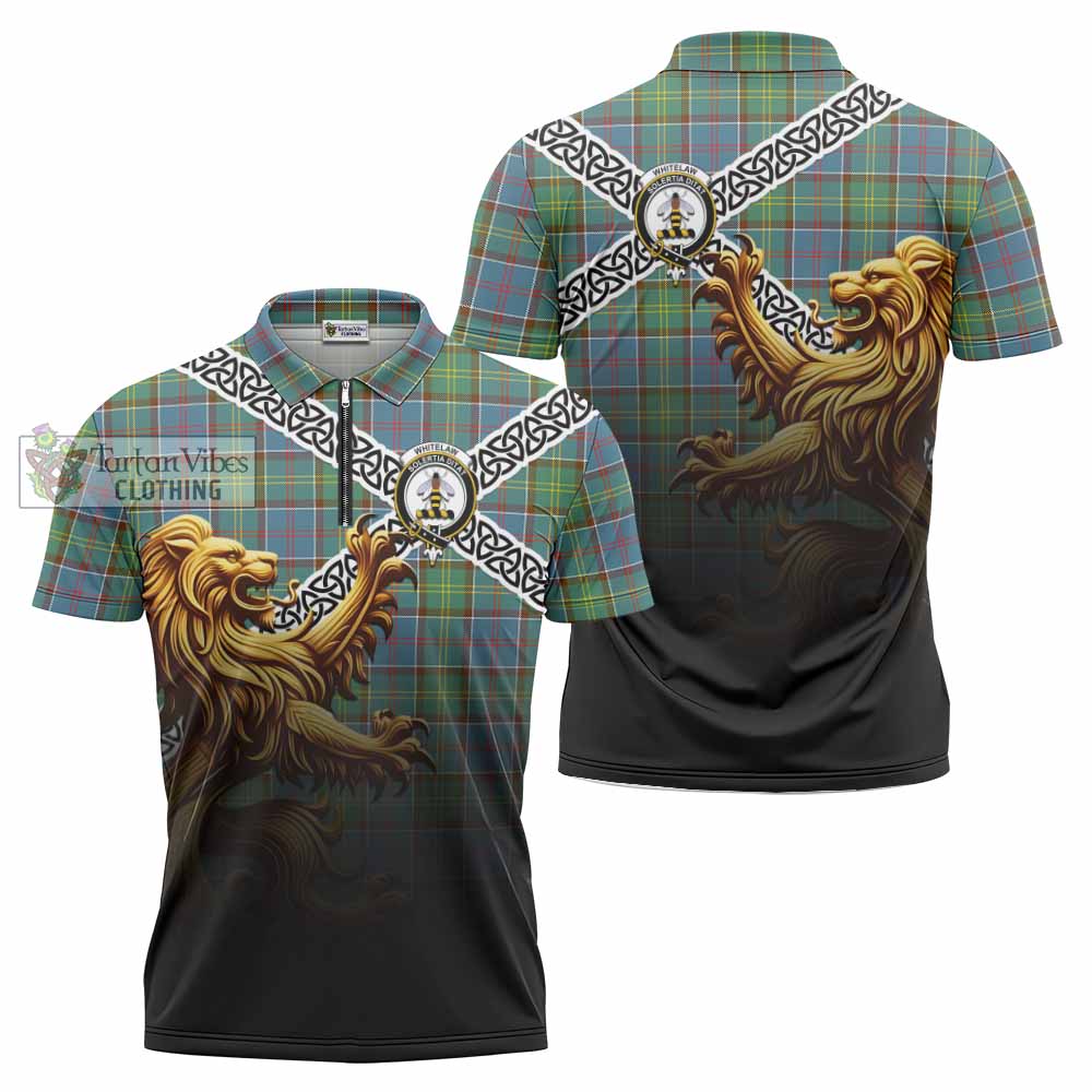 Whitelaw Crest Tartan Zipper Polo Shirt with Golden Lion Emblem Celtic Style - Tartan Vibes Clothing