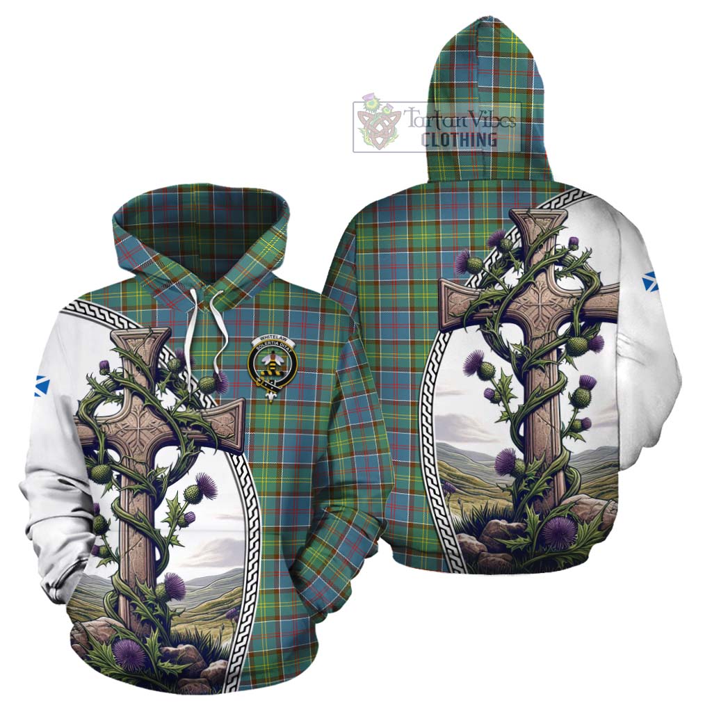 Tartan Vibes Clothing Whitelaw Tartan Cotton Hoodie with Family Crest and St. Andrew's Cross Accented by Thistle Vines