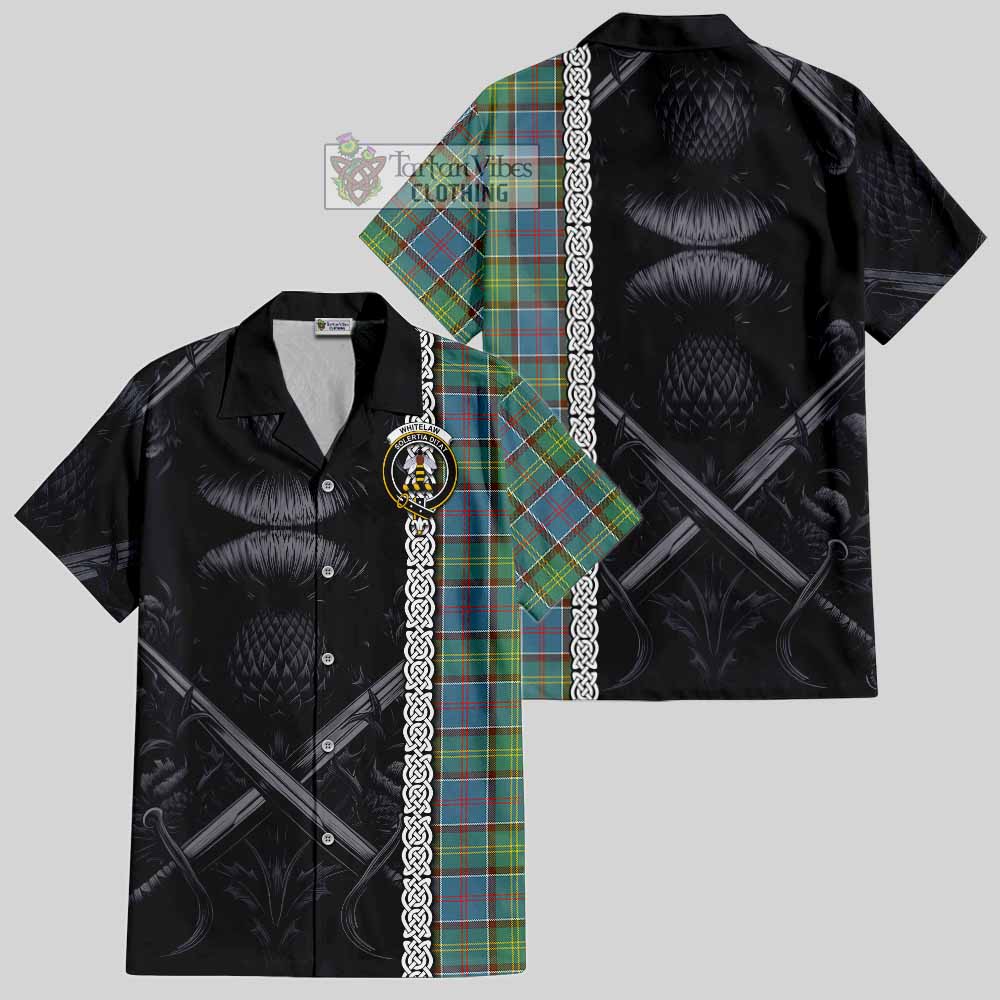 Whitelaw Tartan Hawaiian Shirt with Family Crest Cross Sword Thistle Celtic Vibes - Tartan Vibes Clothing