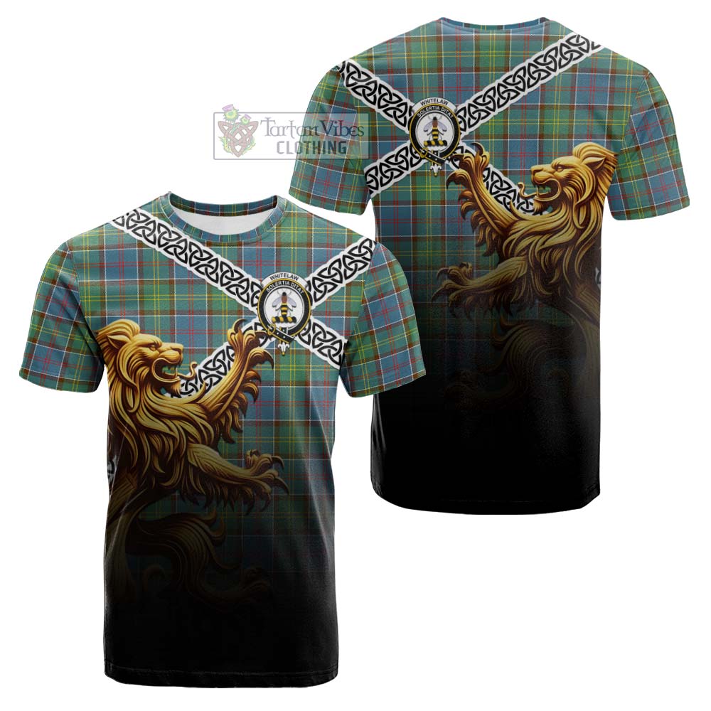 Tartan Vibes Clothing Whitelaw Crest Tartan Cotton T-shirt with Golden Lion Emblem Celtic Style
