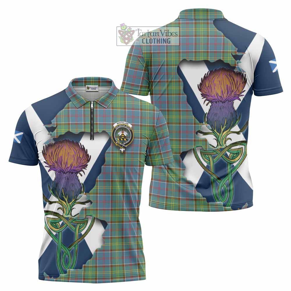 Tartan Vibes Clothing Whitelaw Tartan Family Crest Zipper Polo Shirt Scottish Thistle Celtic Inspired