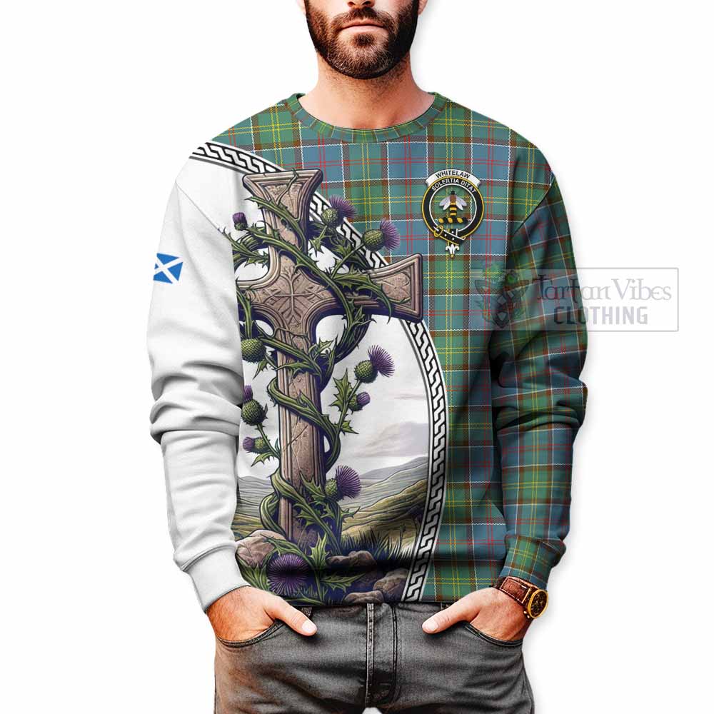 Whitelaw Tartan Sweatshirt with Family Crest and St. Andrew's Cross Accented by Thistle Vines - Tartan Vibes Clothing