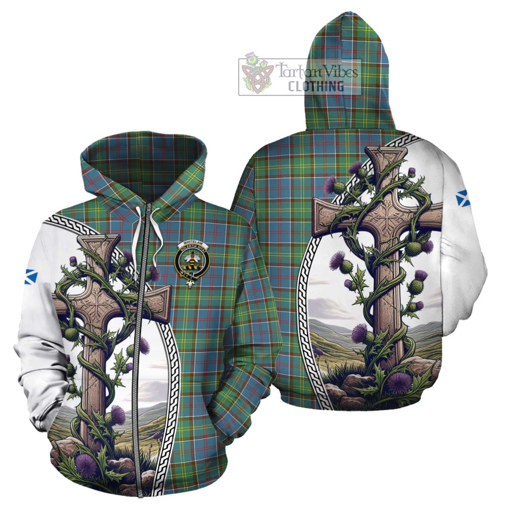 Tartan Vibes Clothing Whitelaw Tartan Cotton Hoodie with Family Crest and St. Andrew's Cross Accented by Thistle Vines