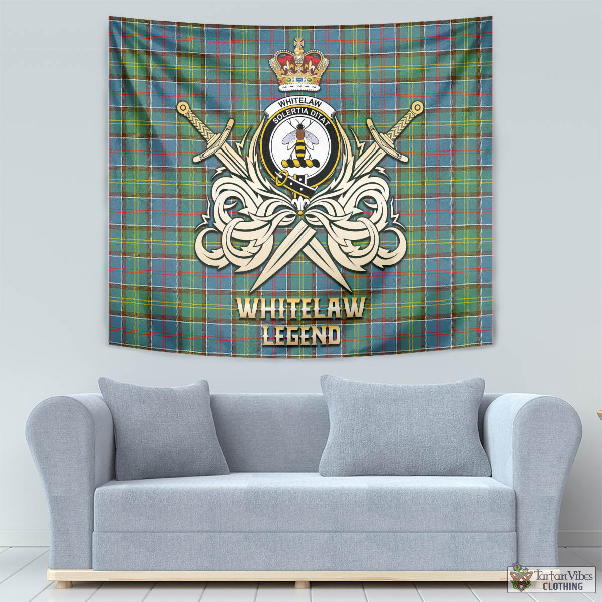 Tartan Vibes Clothing Whitelaw Tartan Tapestry with Clan Crest and the Golden Sword of Courageous Legacy