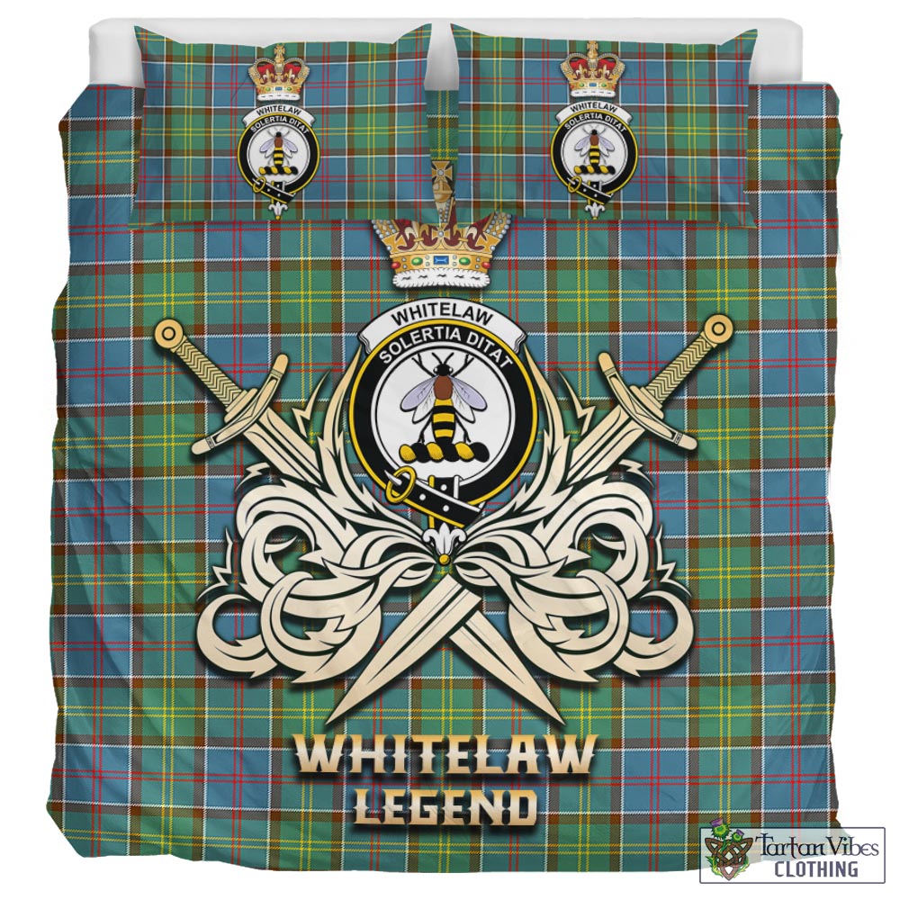 Tartan Vibes Clothing Whitelaw Tartan Bedding Set with Clan Crest and the Golden Sword of Courageous Legacy